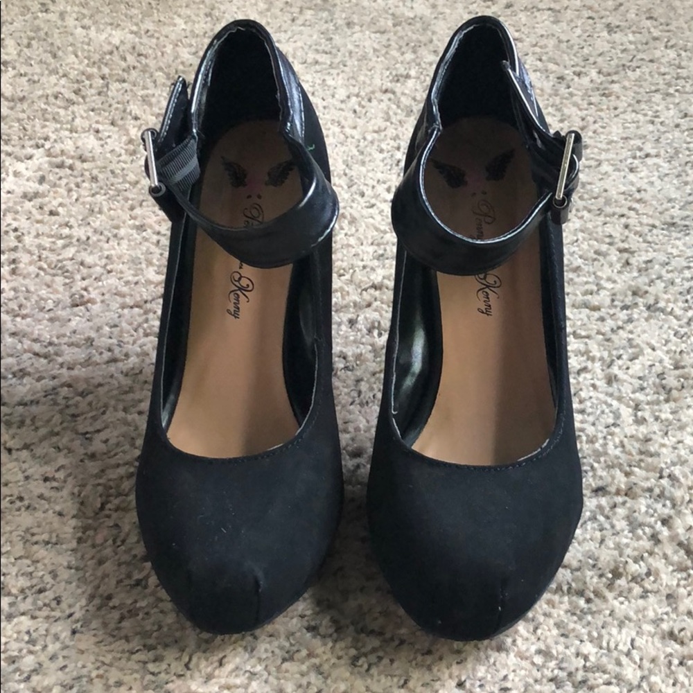 Black suede 4.5 in heels with ankle straps